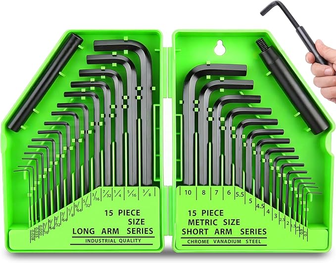 SWANLAKE GARDEN TOOLS 32-Piece Hex Key Allen Wrench Set, SAE and Metric Allen Keys MM(0.7mm-10mm) SAE(0.028"-3/8), L Shape, Chrome Vanadium Steel, Easy Organization