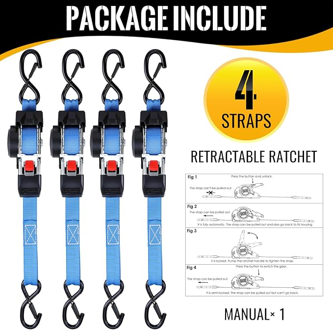 TLGREEN Retractable Ratchet Straps,Blue,4 Pack,1” x 10’1650lb Break Strength Heavy Duty Auto Self Retracting Tie Down Straps for Truck, Cargo, Motorcycle, ATV, UTV,Boat