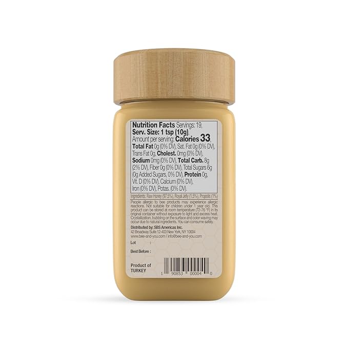 Bee and You Royal Jelly Raw Honey For Kids, Propolis Extract, 100% Natural Superfood, Ultra Pure, Immune Support Supplement, Antioxidants, Keto, Paleo, Gluten-Free, 6.7 oz
