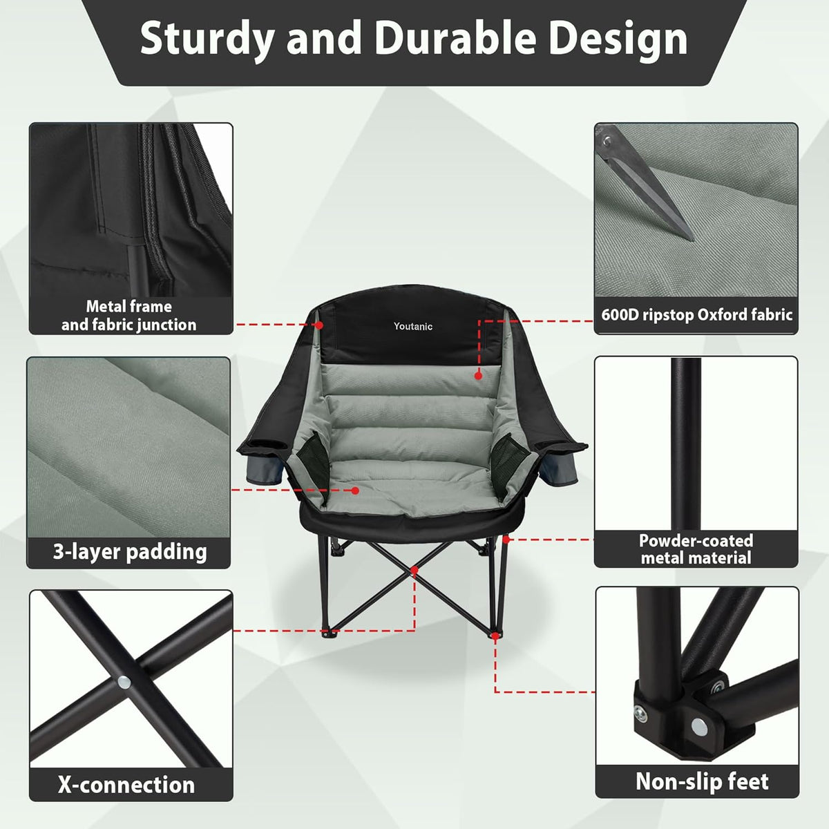 Youtanic Oversized Camping Chair - Portable Folding Design with Cup Holder & Side Pocket | Supports Up to 400lbs