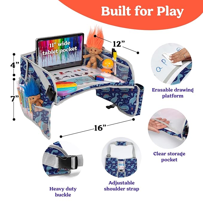 PILLANI Kids Travel Tray for Car - Car Seat Tray for Kids Travel, Road Trip Essentials Must Haves - Carseat Table Roadtrip Activities - Toddler Lap Desk Organizer for Airplane - Kids Travel Essentials