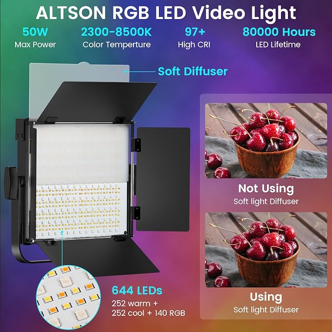 2-Pack RGB Photography Lighting Kit, 50W Bi-Color Professional LED Studio Lights