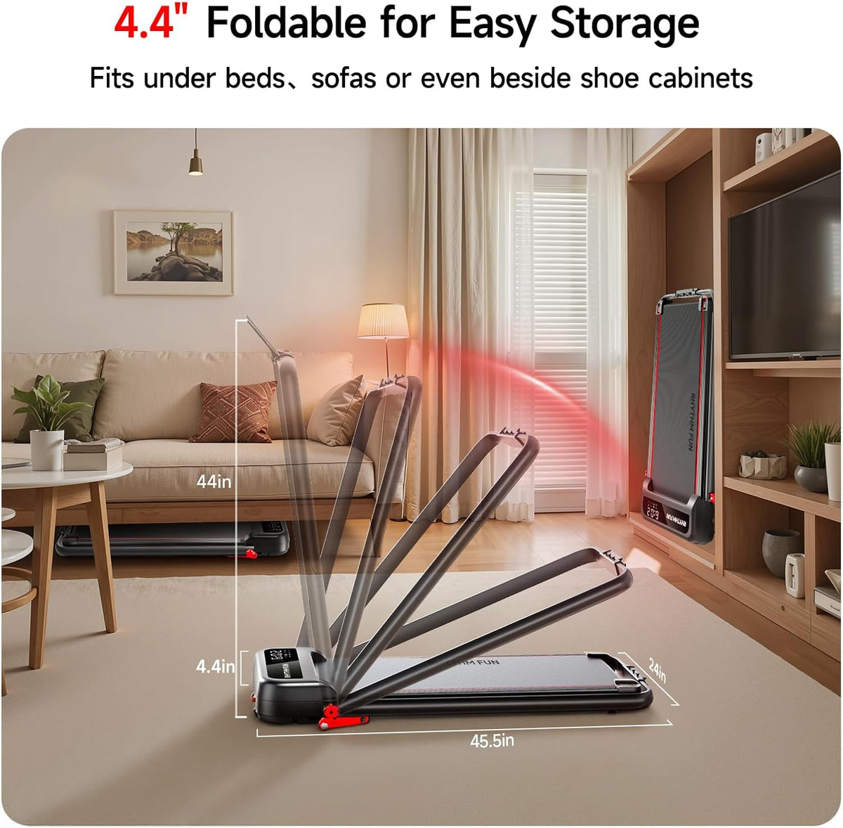 RHYTHM FUN Treadmill - Portable Folding Walking Pad with Incline & Handle Bar | 300lbs Capacity, Low Noise