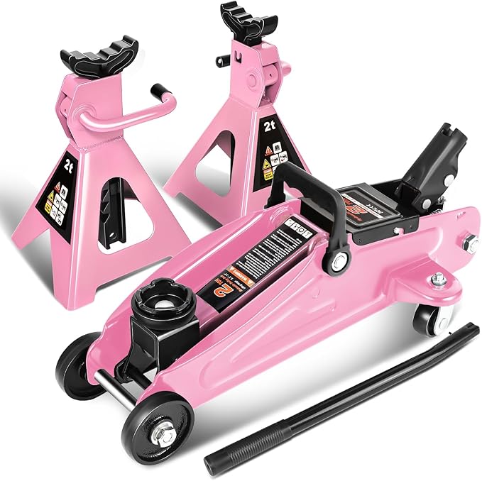 PM PERFORMOTOR Low Profile Hydraulic Trolley Service/Floor Jack Combo with 2 Ratchet Jack Stands, 2 Ton (4000 lbs) Capacity, Pink, PM-TOL-FJ3P-PK