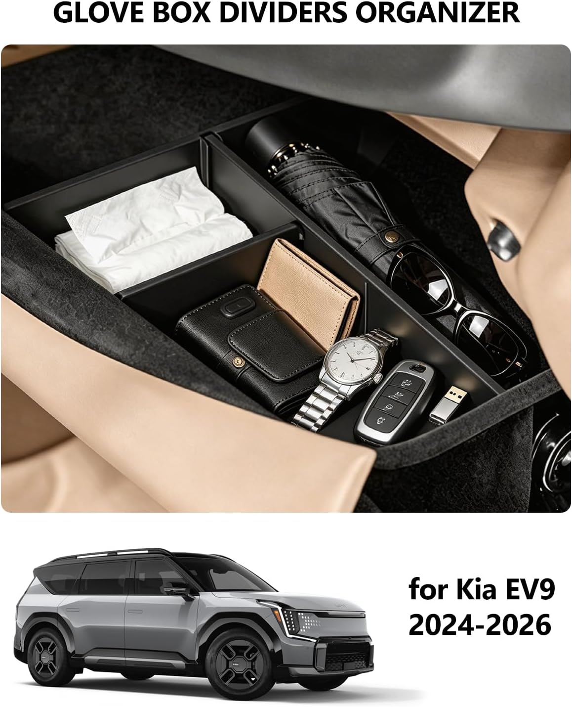 for Kia EV9 Glove Box Dividers Organizer 2024-2026 Accessories Center Control Glove Partition Panel for Kia EV9 Insert Compartment Dividers Tray Sunglass Key Card Storage Solution System