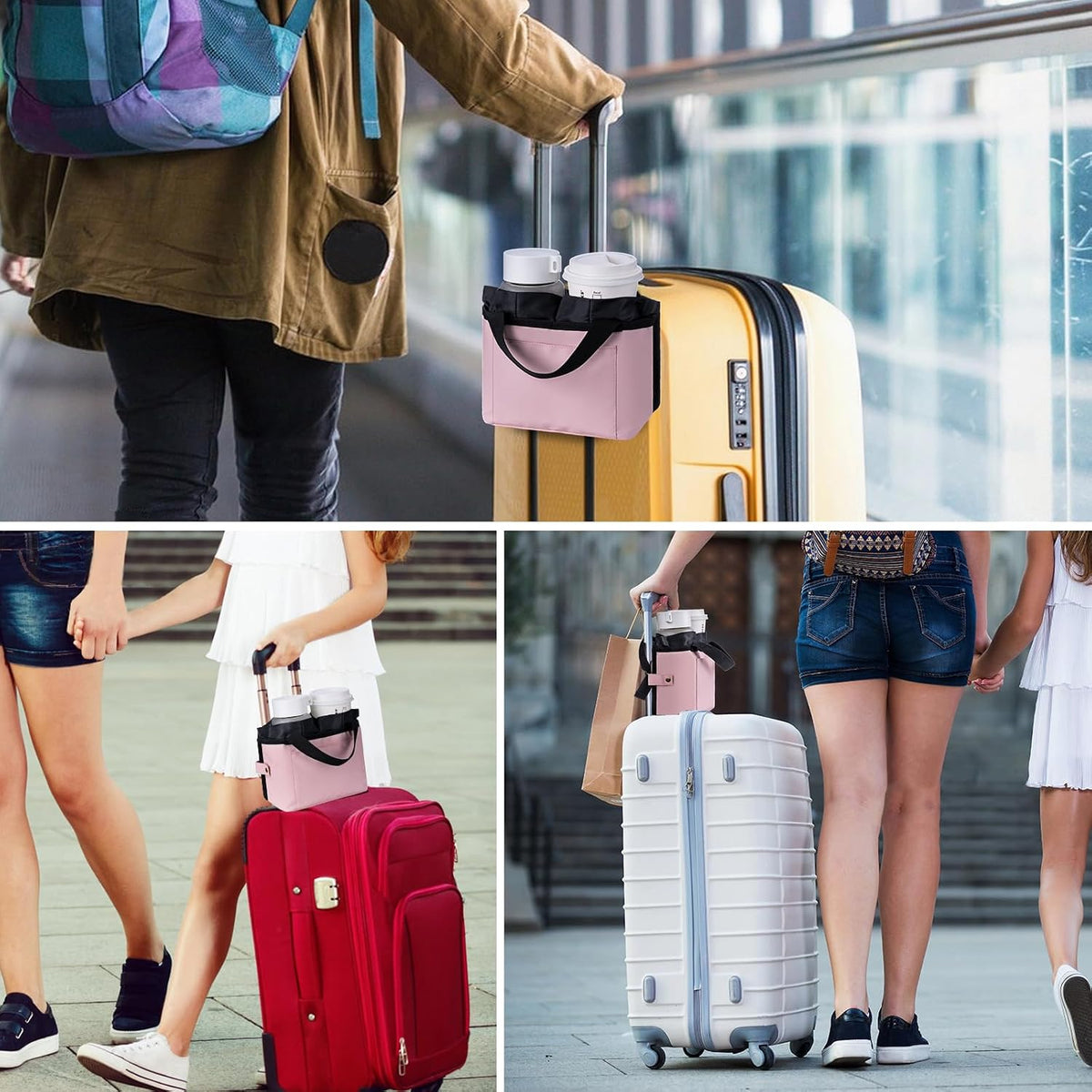 Luggage Cup Holder - Multifunctional Travel Caddy - Fits Suitcase Handles, Also, as a Stroller & Automotive Cup Holder - Pink