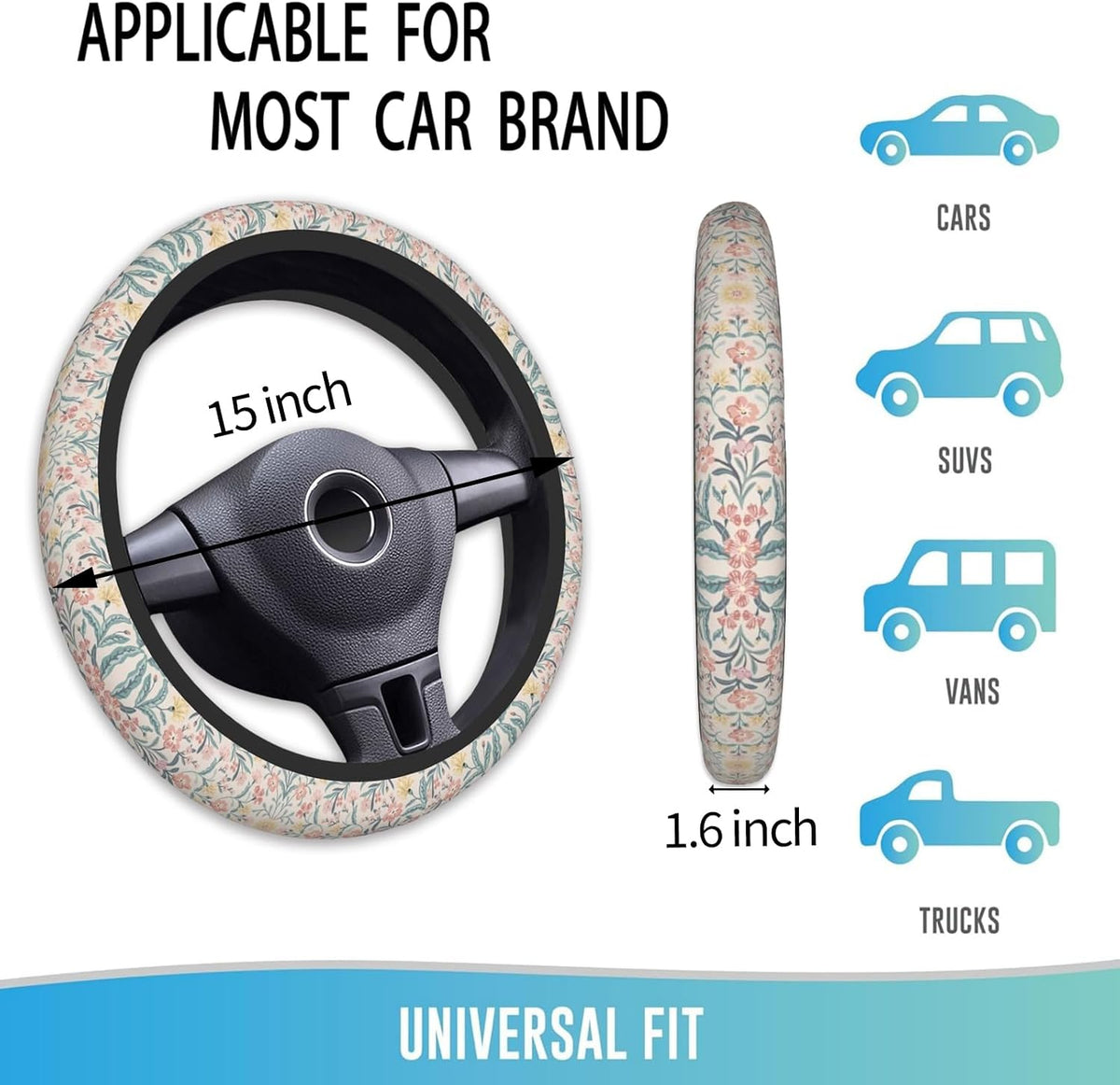 Elastic Steering Wheel Cover, 15 Inch Absorbing Sweat, Pink Flowers