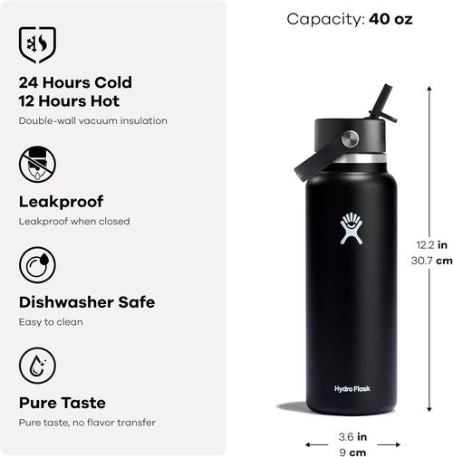 Hydro Flask Water Bottle - Insulated Stainless Steel with Wide Straw Lid - 40 Oz Oat Tan, Leakproof Design