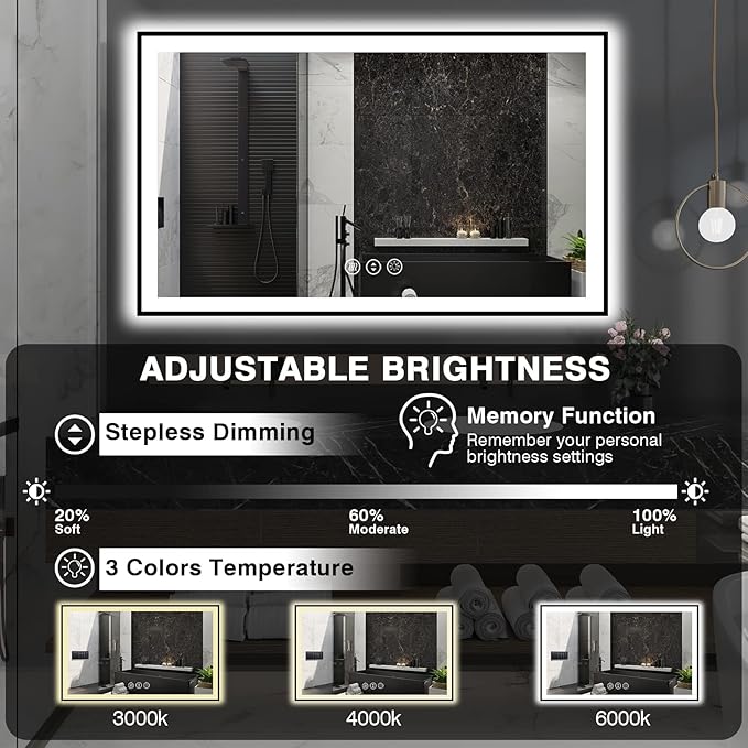 60x36 LED Mirror for Bathroom - Black Aluminum Framed (Front and Backlit),Anti-Fog Stepless 3 Colors Dimmable Lighted Smart Bathroom Mirror with Lights(Horizontal/Vertical)