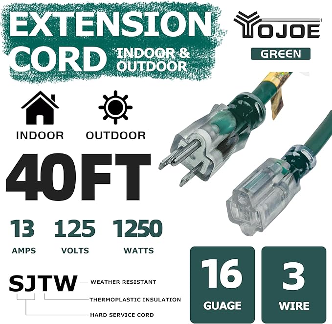 YOJOE Indoor Outdoor Extension Cord with Lighted End, 3 Prong 13A Weatherproof Power Cord, 16 Gauge Heavy Duty 40 ft Green Extension Cord for Garage, Garden and Home, 16/3 SJTW UL Listed