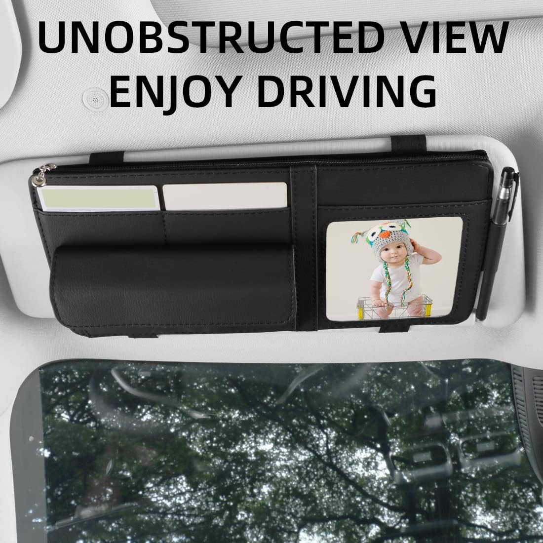 Black Car Sun Visor Organizer, Leather Visor Holder with Photo Frame
