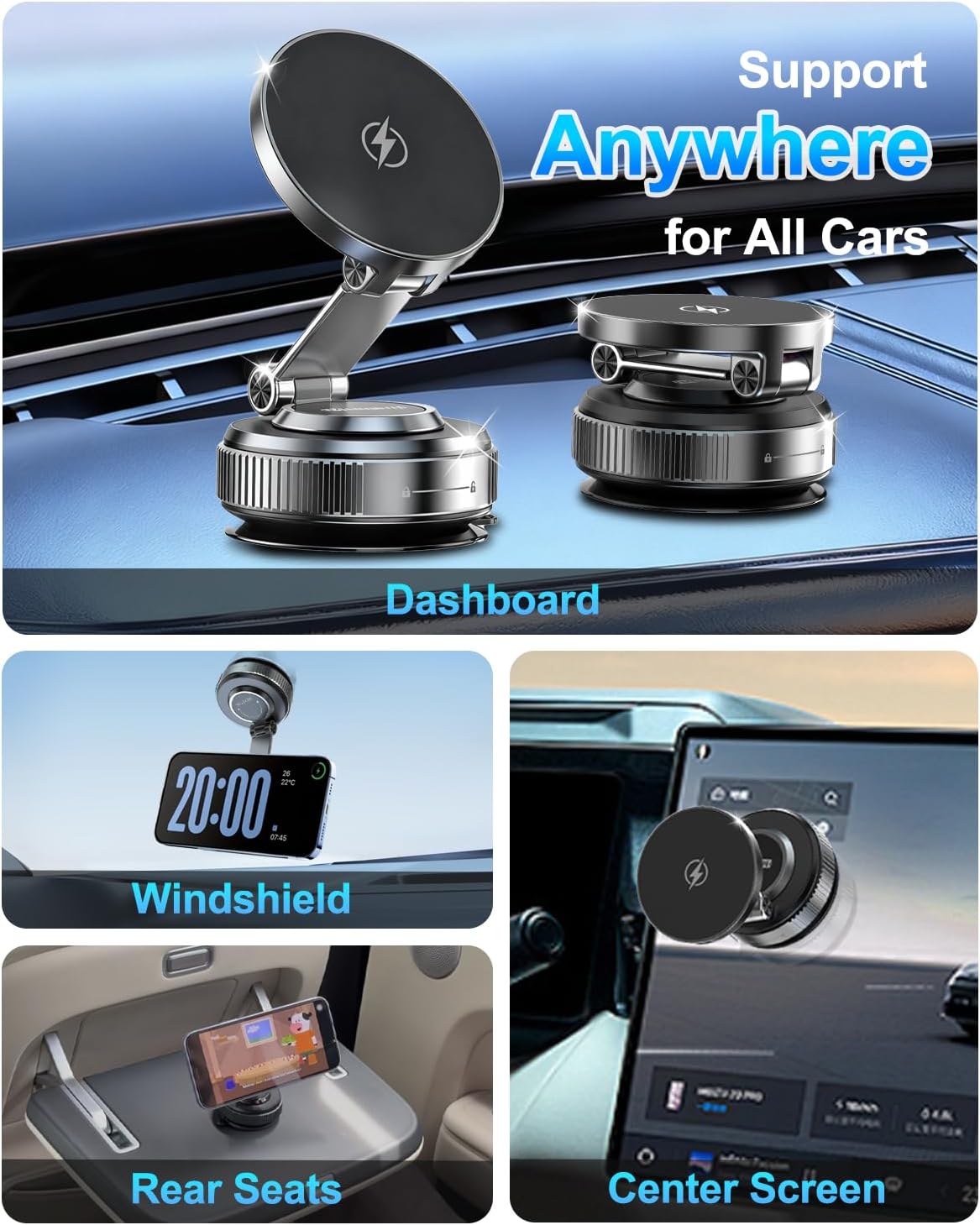 for MagSafe Car Mount Charger, 15W Fast Charging Magnetic Wireless Car Charger, Vacuum Magnetic Phone Holder [120LBS Ultra Suction Cup & 3000gf Magnet ] 780° Dashboard Car Bracket for iPhone & Android