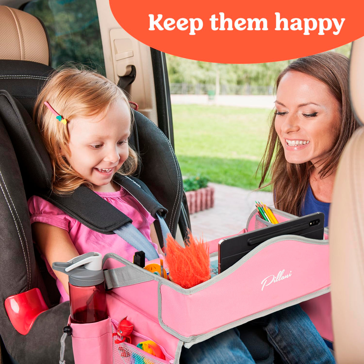 PILLANI Kids Travel Tray for Car - Car Seat Tray for Kids Travel, Road Trip Essentials, Carseat Table for Roadtrip Activities - Must Haves Toddler Lap Desk Organizer for Airplane - Car Accessories