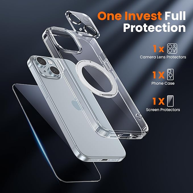 toushion 3 in 1 for iPhone 15 Case Stand |Build in Kickstand, Screen Protector