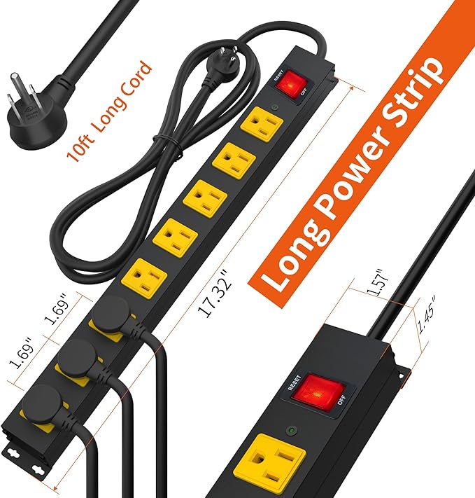 8 Outlet Power Strip 2100J Surge Protector, 10FT Heavy Duty Extension Cord Wide Spaced Outlet and Wall Mount Metal Powerstrip for Home Office Garage Workshop