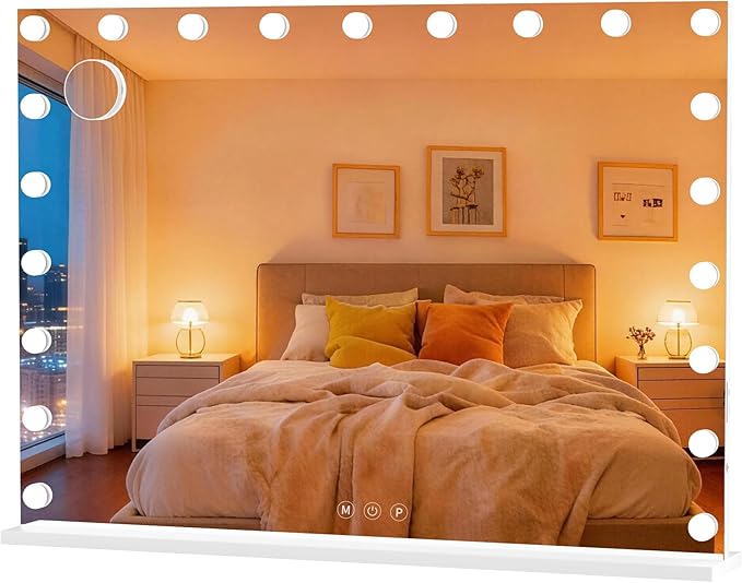 Hasipu Vanity Mirror with Lights, 40" x 29" Hollywood Mirror with 21 Dimmable Bulbs and 10X Magnification, 3 Colors Modes, Touch Control, USB Charging Port, Type-C, Tempered Glass (Square White)