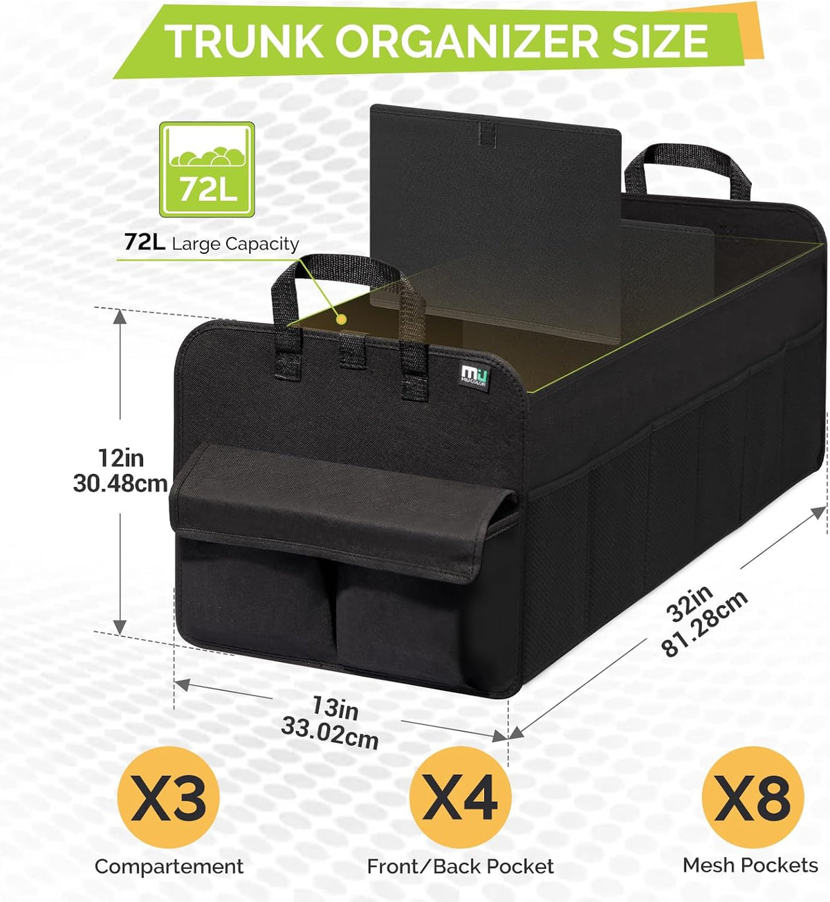 MIU COLOR Trunk Organizer for SUV, Collapsible Car Organizer with 12 Pockets, Non-Slip Bottom, Storage Organizer for Sedan, Van, Jeep, Grocery, Car Accessories, Large 3 Compartments, Black,32"×13"×12"