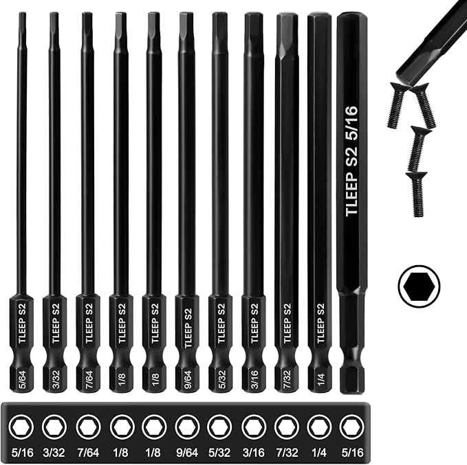 11Pcs 1/4" Allen Wrench Drill Bit Set 5/16"-5/64", 100MM Long Length Magnetic SAE Hex Key Set with Case for Ikea Furniture, S2 Steel, Black Drill Bits Tools for Narrow Spaces, 11 Pcs Full Sizes