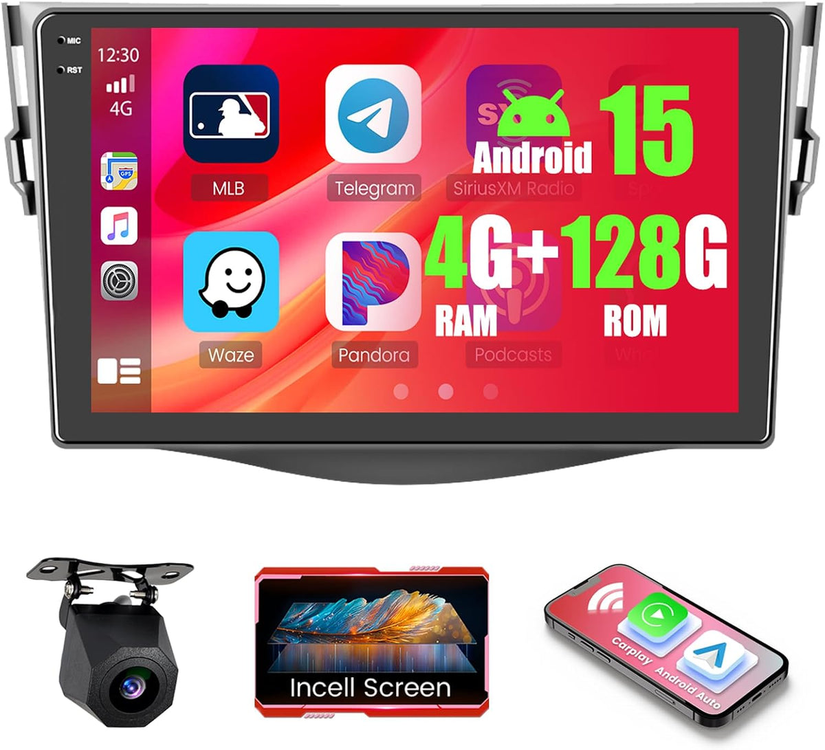 4+128GB Android 15 Car Radio for Toyota RAV4 2006-2012 Wireless Carplay Android Auto, 9" 1280 * 720P in-Cell Touch Screen Car Stereo with WiFi Bluetooth GPS FM/RDS EQ Backup Camera MIC
