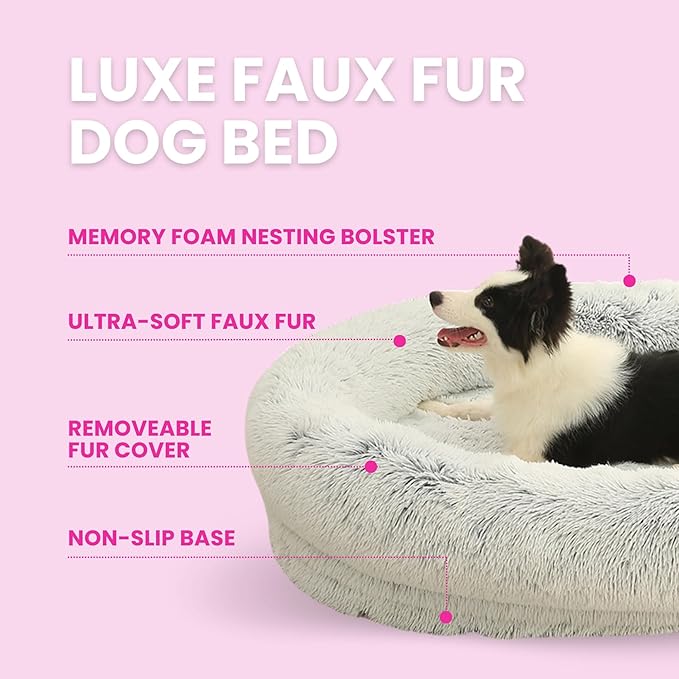 Glow Pups Dog Bed Ultra-Soft Faux Fur Calming Comfort, Memory Foam, Nesting Bolster, Removable Fur Cover, Non-Slip Base, Machine Washable, Deep Sleep Bed, Light Grey (35.4 X 25.6 X 7.9)