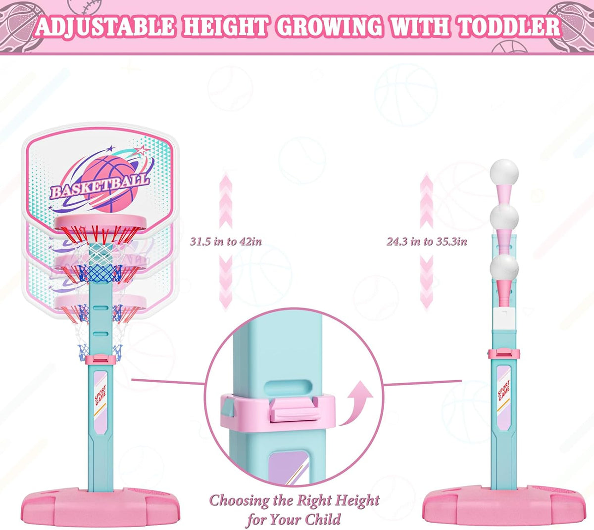 Skiennix 3-in-1 Basketball Hoop & Tee Ball Set - Adjustable Height, Automatic Pitching Machine, Pink | Perfect Outdoor & Indoor Sports Gift for Kids Ages 1-8
