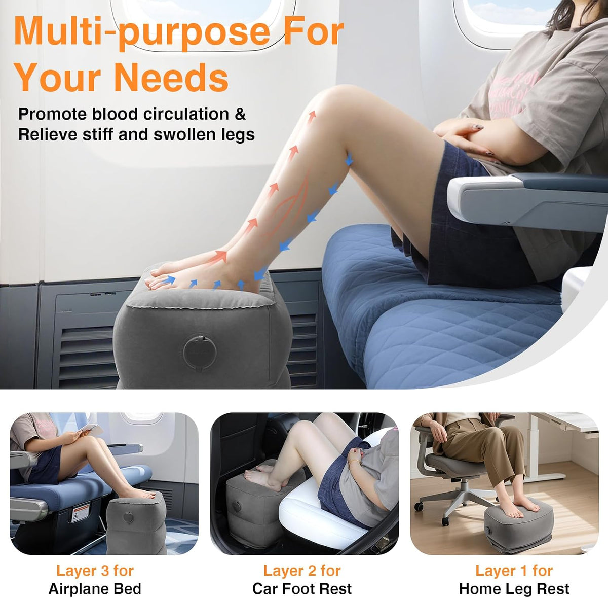 Maliton Inflatable Foot Rest Pillow for Travel,Kids Airplane Bed,Adjustable 3 Layers Height Leg Pillow of Air Travel Essentials,Car, Office, Home - Fast Inflation (Dark Grey)