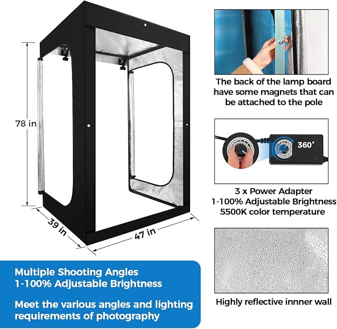 Photo Light Box, Portable 47"x39"x78" Photo Studio Light Box, Shooting Tent Kit