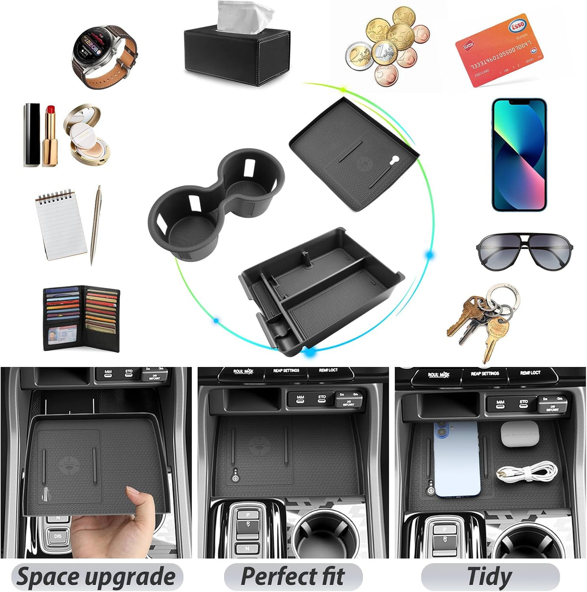 SKTU 3-Pack for 2026 2027 Honda Passport Center Console Organizer 2026 2027 Passport Console Tray & Wireless Charging Mat & Cup Holder Honda Passport 2026 2027 Accessories Console Non-Slip Pad