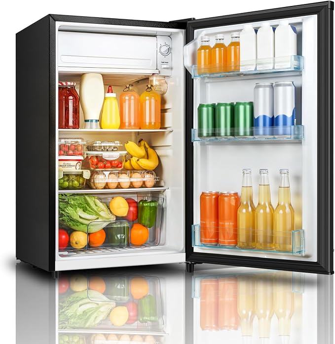 Seaoola Mini Fridge with Freezer, Single Door 4.4 Cu.Ft, Compact Mini Refrigerator, LED Light, Adjustable Thermostat, Removable Glass Shelves, Small Refrigerator for Dorm/Office/Bedroom(Black)