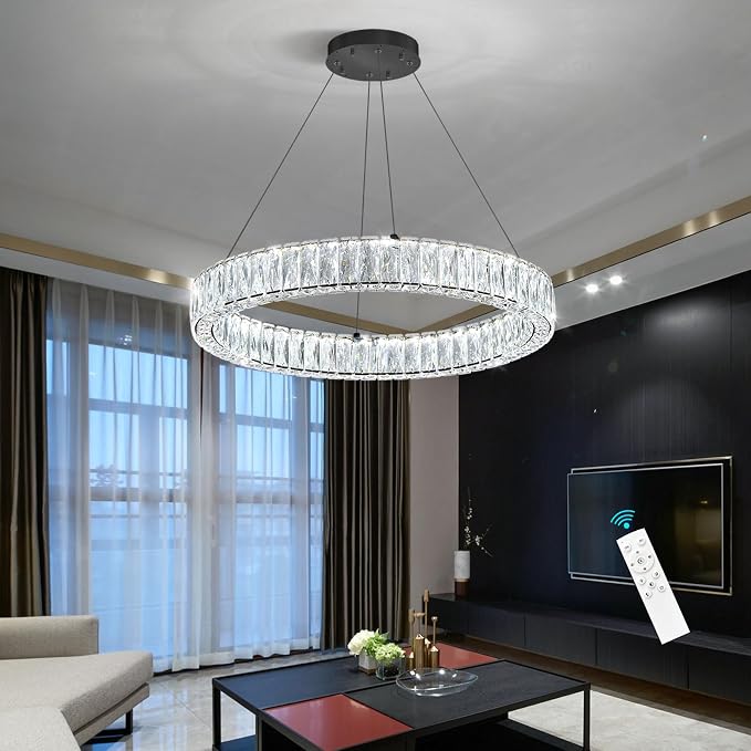 HAIXIANG Modern Crystal Chandelier Dimmable LED Ring Pendant Lights Adjustable