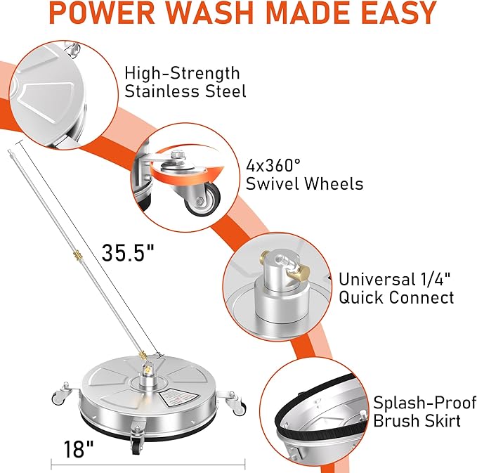 18" Pressure Washer Surface Cleaner with 4 Wheels, 4000 PSI Max Stainless Steel Surface Cleaner for Pressure Washer, 2 Extension Wands, 1/4" Quick Plug, for Concrete, Patio, Sidewalk, Deck