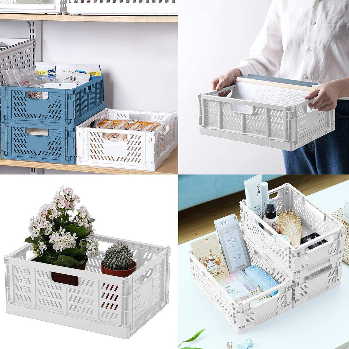 4-Pack Folding Storage Boxes Crate Collapsible Plastic Drawer Organizer , Stackable Shelf Storage Basket Food Fruit Vegetables Bottles Toy Organiser Baskets for Home Office Bedroom Kitchen -White