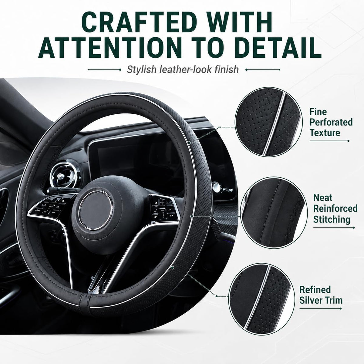 15Inch Leather Steering Wheel Cover, Anti-Slip, Universal Fit,Black