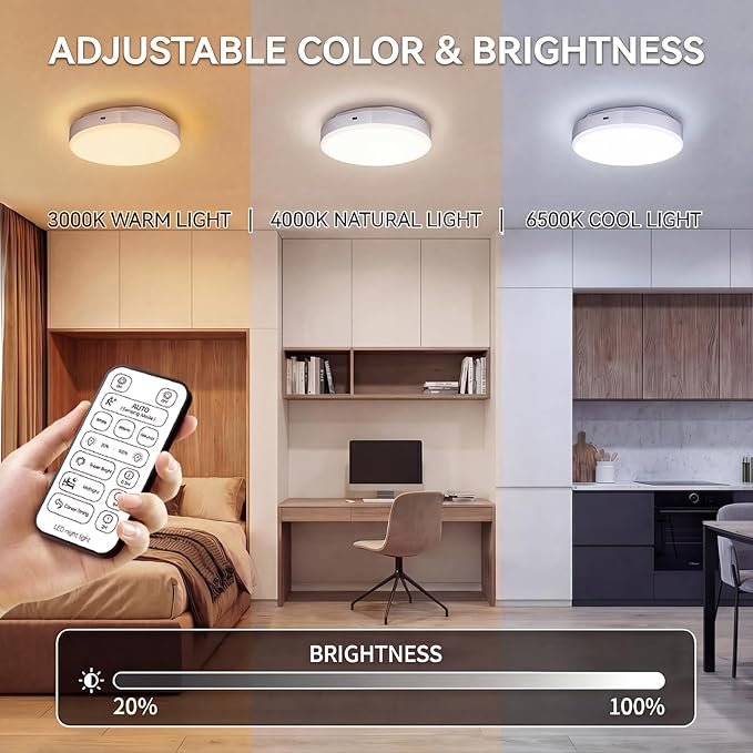 10,000mAh Rechargeable Radar Motion Sensor Ceiling Light with Remote, 7.68" Wireless LED Light No Wiring, 3 Color Temperatures, Dimmable Always-on Mode, Battery Powered for Shower Closet Shed Garage