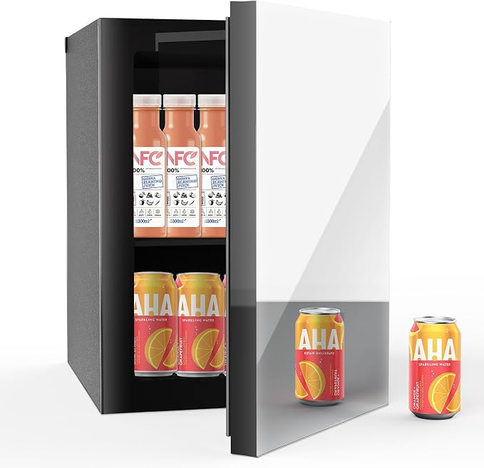 Stopasd Compact Beverage Refrigerator, 0.9 Cu.Ft/24 Can Mini Fridge with Adjustable Shelves & Mirror Door for Drink and Cosmetics,Quiet Compact Countertop Skincare Fridge for Bedroom/Office/Bar
