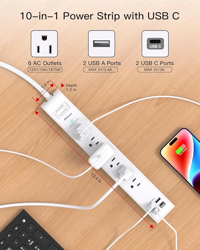 2 Pack Power Strip, 15FT Long Extension Cord, Surge Protector with 6 Outlets and 4 USB Charging Ports(2 USB C), Flat Plug Overload Protection, Wall Mount for Home Office Dorm College