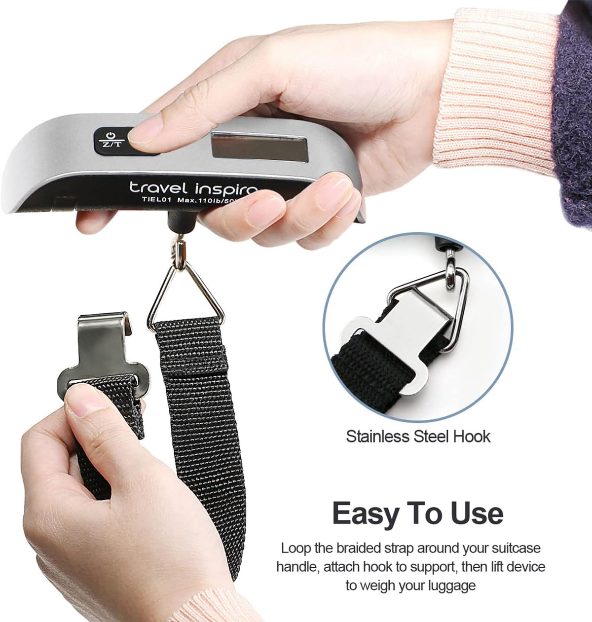 Travel Inspira Luggage Scale - Portable Digital Hanging Baggage Scale Up to 110 lbs | Battery Included