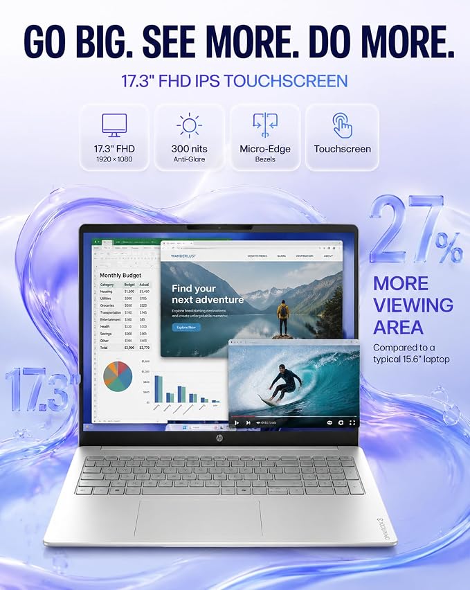 HP OmniBook 3 17.3" Touchscreen Laptop, AMD Ryzen 5 130 Processor (Up to 4.55 GHz), 16GB RAM, 1TB SSD, FHD IPS Display, Backlit Keyboard, Windows 11 Pro, Radeon 660M Graphics, Wi-Fi 6, Copilot+ PC