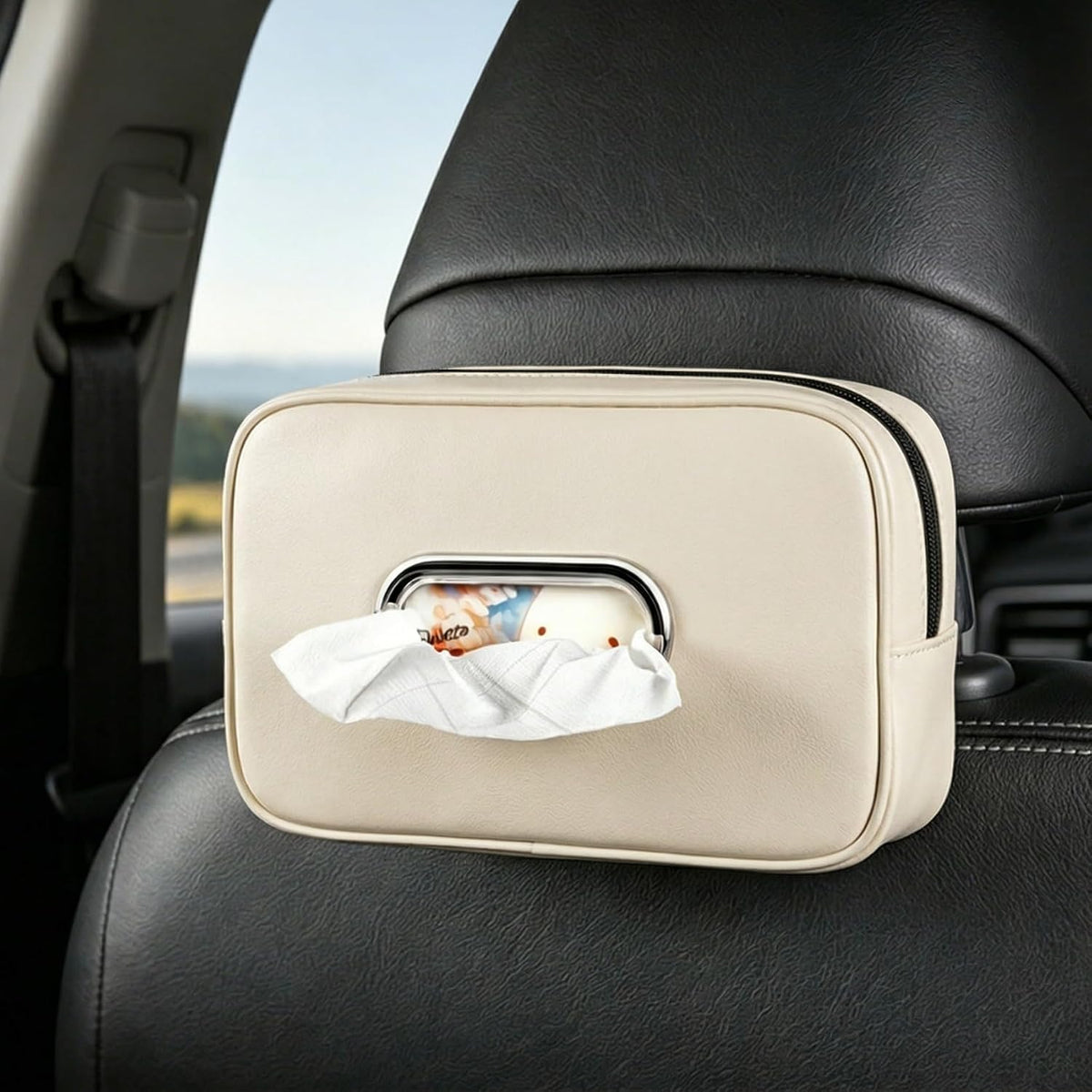 Car Tissue Holder, Car Napkin Holder, PU Leather Backseat Tissue Box Cover Fits for 120 Standard Kleenex Box, Large Rectangle Napkin Organizer for Auto Back Seat Headrest Sun Visor (Black)