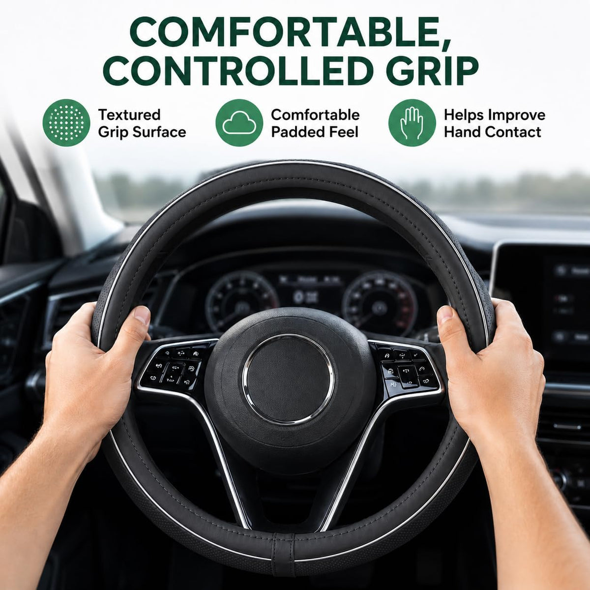 15Inch Leather Steering Wheel Cover, Anti-Slip, Universal Fit,Black