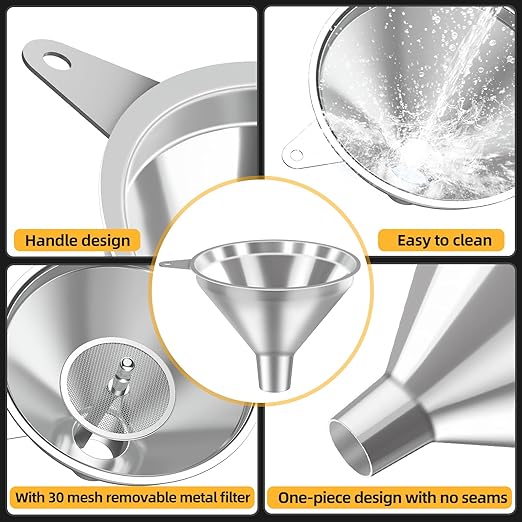 Serinar 3-Piece Stainless Steel Kitchen Funnel Set for Kitchen Bottle Filling, 2 Funnel Sizes and 1 Strainer for Oils, Liquids, Fluids, Dry Ingredients and Powders, Durable, Washable