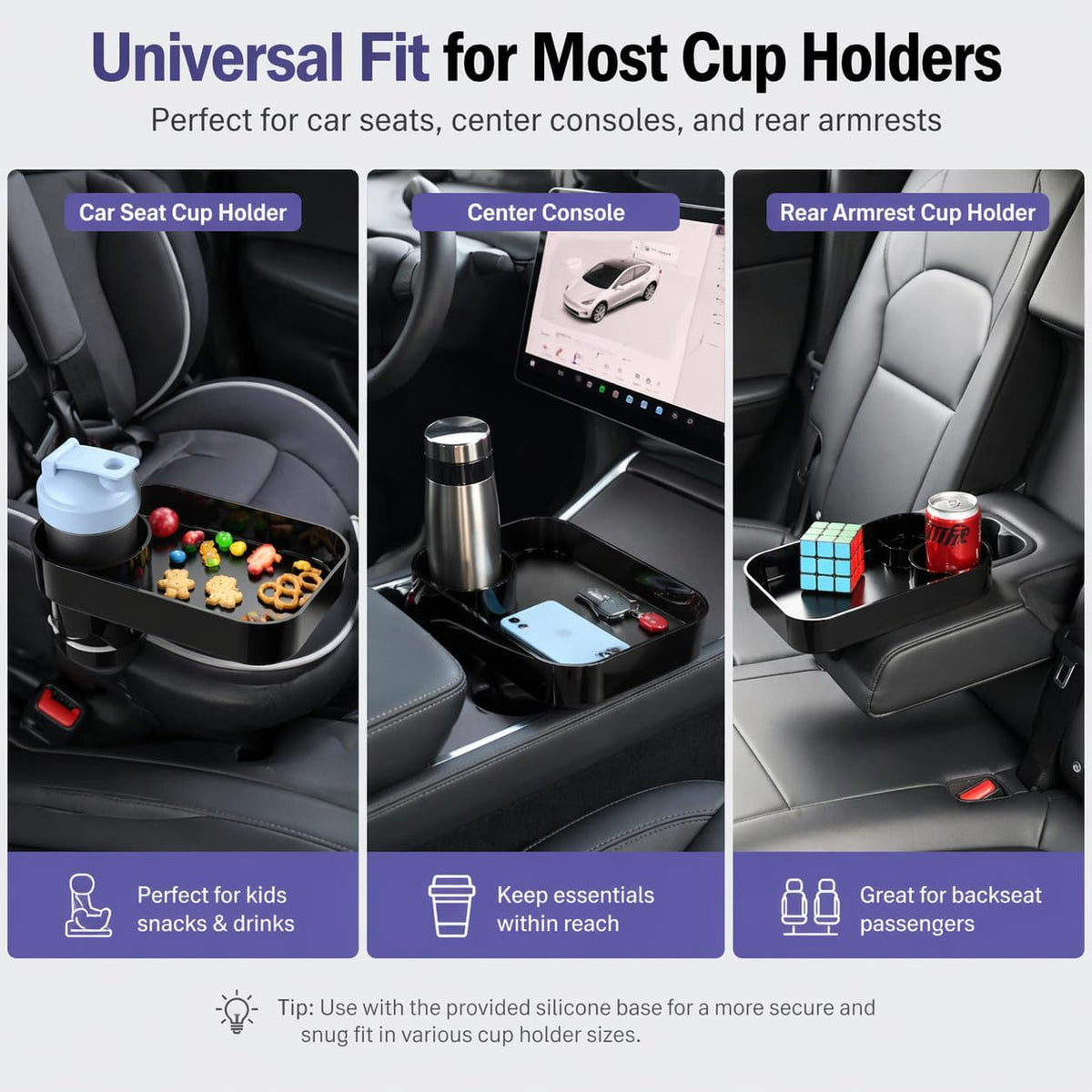 Car Seat Snack Tray for Toddlers, Reduces Mess Square Travel Tray Cup Holder Snack Tray, Durable Car Food Tray for Kids, Universal Fit Kids Travel Road Trip Essentials (Black)