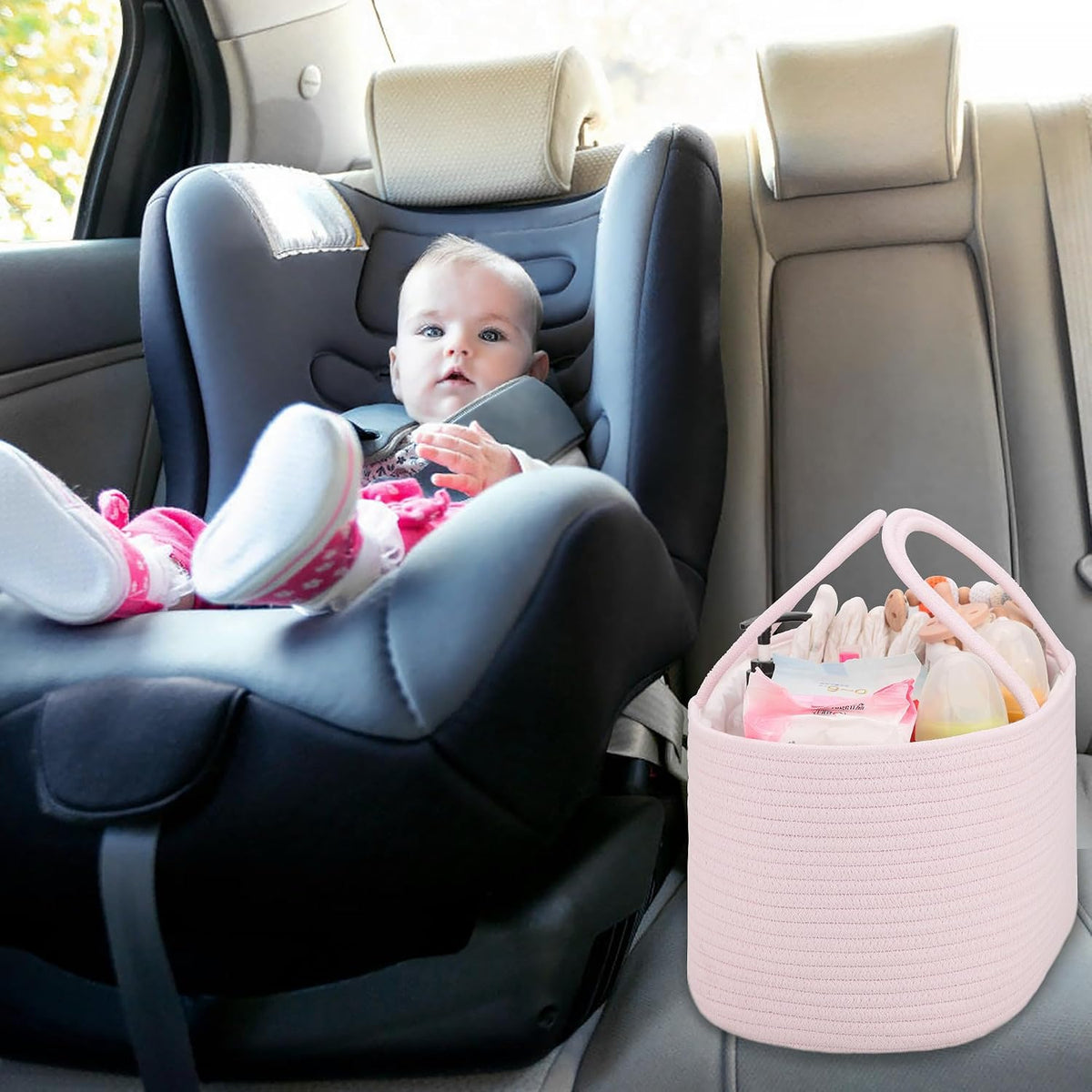 COMSE Baby Diaper Caddy Organizer, Car Caddy, Diaper Change Organizer, Gift Baskets Empty, Portable Tote Bag with Divider, Baby Shower Gifts Newborn Essentials Registry Must Have, Light pink