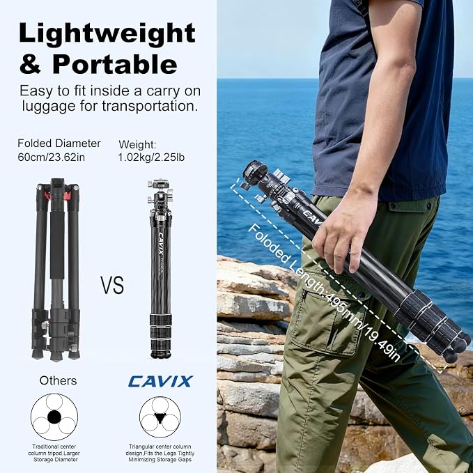 CAVIX 57"/145cm Carbon Fiber Tripod, Lightweight Tripod
