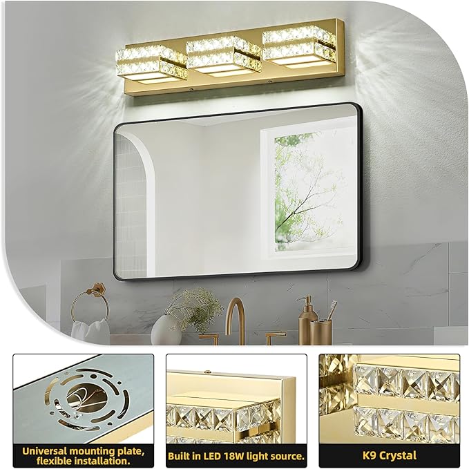 OKELI Crystal Vanity Lights LED Bathroom Vanity Light Fixture Over Mirror Modern Indoor Gold Lamp, 6000K Cold White Dimmable, 3-Lights, 20W, ETL Listed