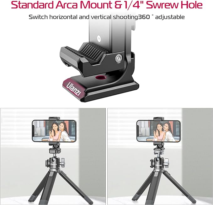 Metal Phone Tripod Mount 3 Cold Shoes & Arca Port, 360° Smartphone Tripod