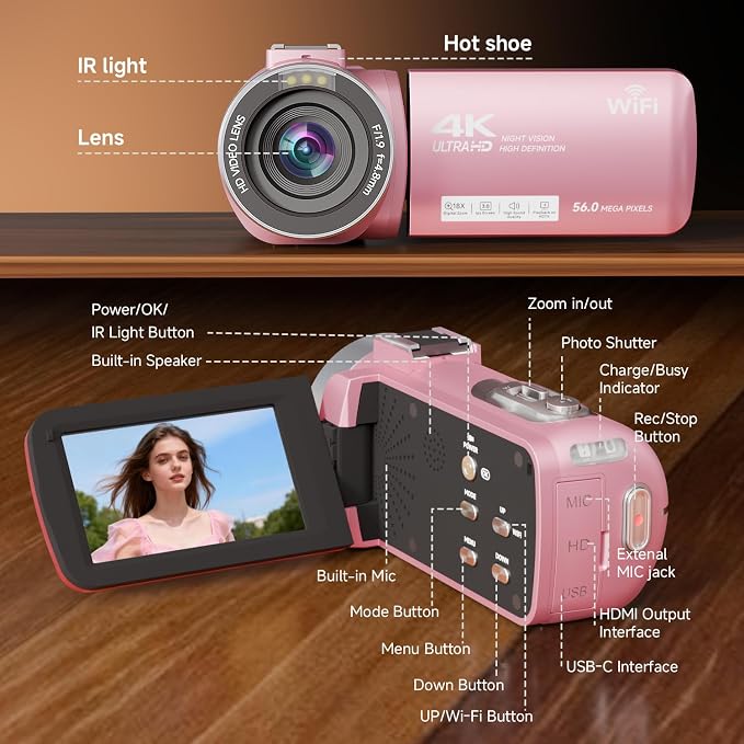 Video Camera, 4K Camcorder 56MP Digital Video Recorder 18X Zoom 3" 270°