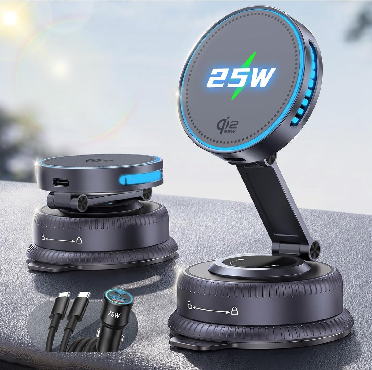 Qi2.2 25W MagSafe Car Mount Charger, Cooling Fan+75W Fast Adapter
