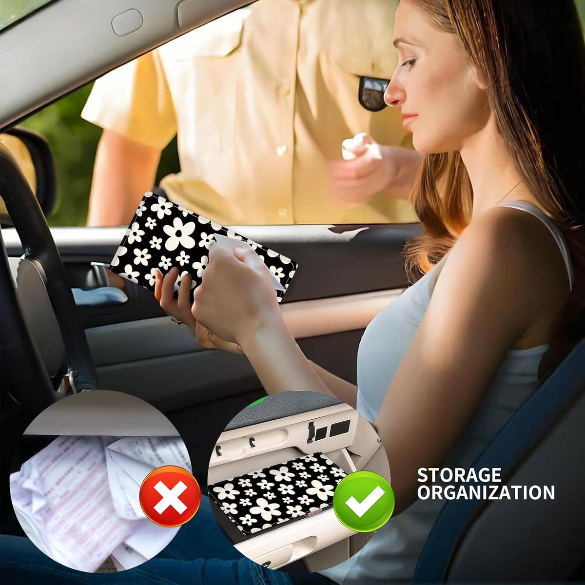 Leather Car Registration and Insurance Card Holder, Cute Car Accessories Vehicle Glove Box Car Organizer for Documents, Cards, License Black White Flowers