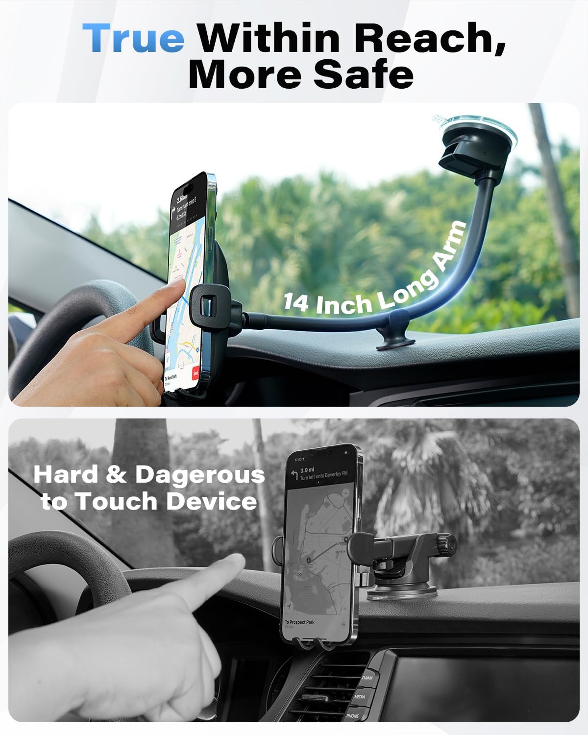 1Zero Solid Car Truck Phone Mount Holder with 14-Inch Gooseneck Long Arm, Windshield Window Mobile Holders w/Industrial-Strength Suction Cup, Anti-Shake Stabilizer Compatible All Cell Phones, Black